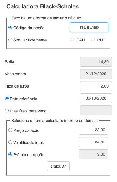 Captura de tela da calculadora Black-Scholes do site opçoes.net.br. Ao preencher o campo código da opção com ITUBL159 e a taxa de juros com 2% ao ano, vemos que no dia 30/10/2020 a calculadora informa que o prêmio esperado da opção é de R$9,30.